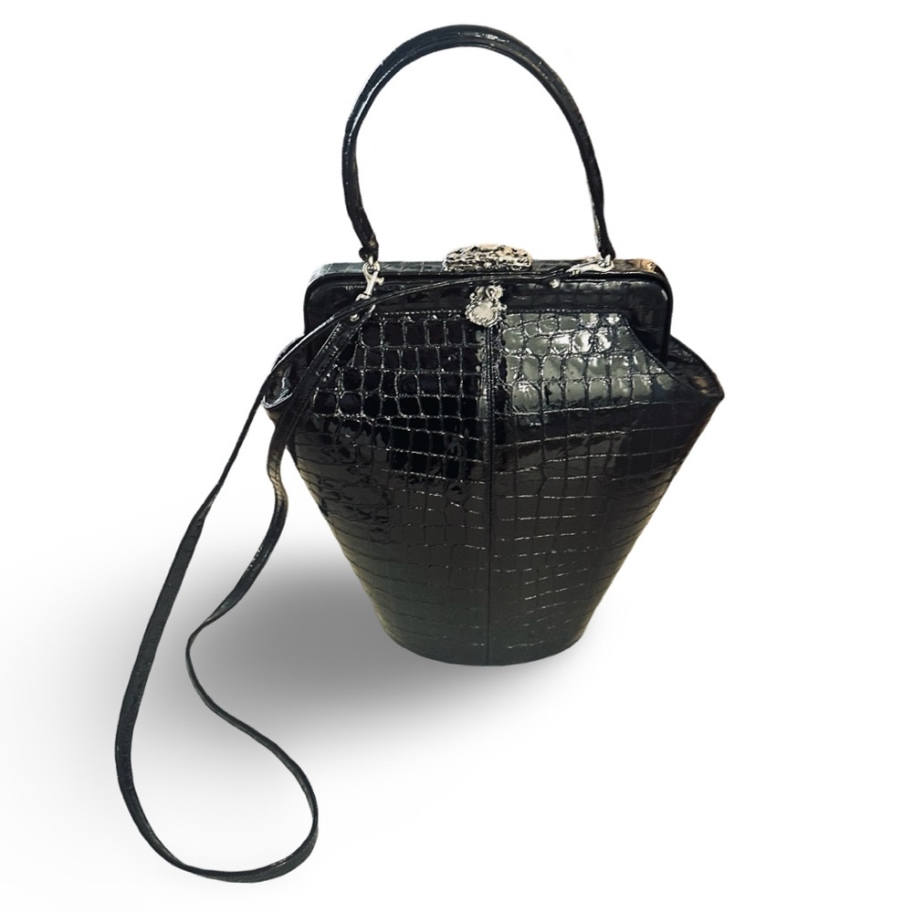 Glenn Miller for Anne Turk black patent croc embossed leather bucket bag